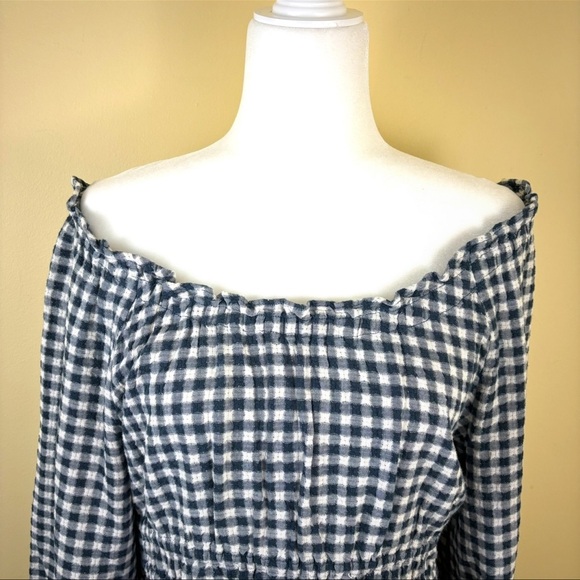 MADEWELL Navy /White Checkered Off The Shoulder Peasant Cropped Ruffle Top (L) - Picture 4 of 15